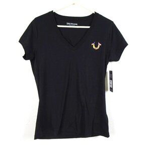 True Religion T-Shirt Top Women's Size L Black Embossed Logo